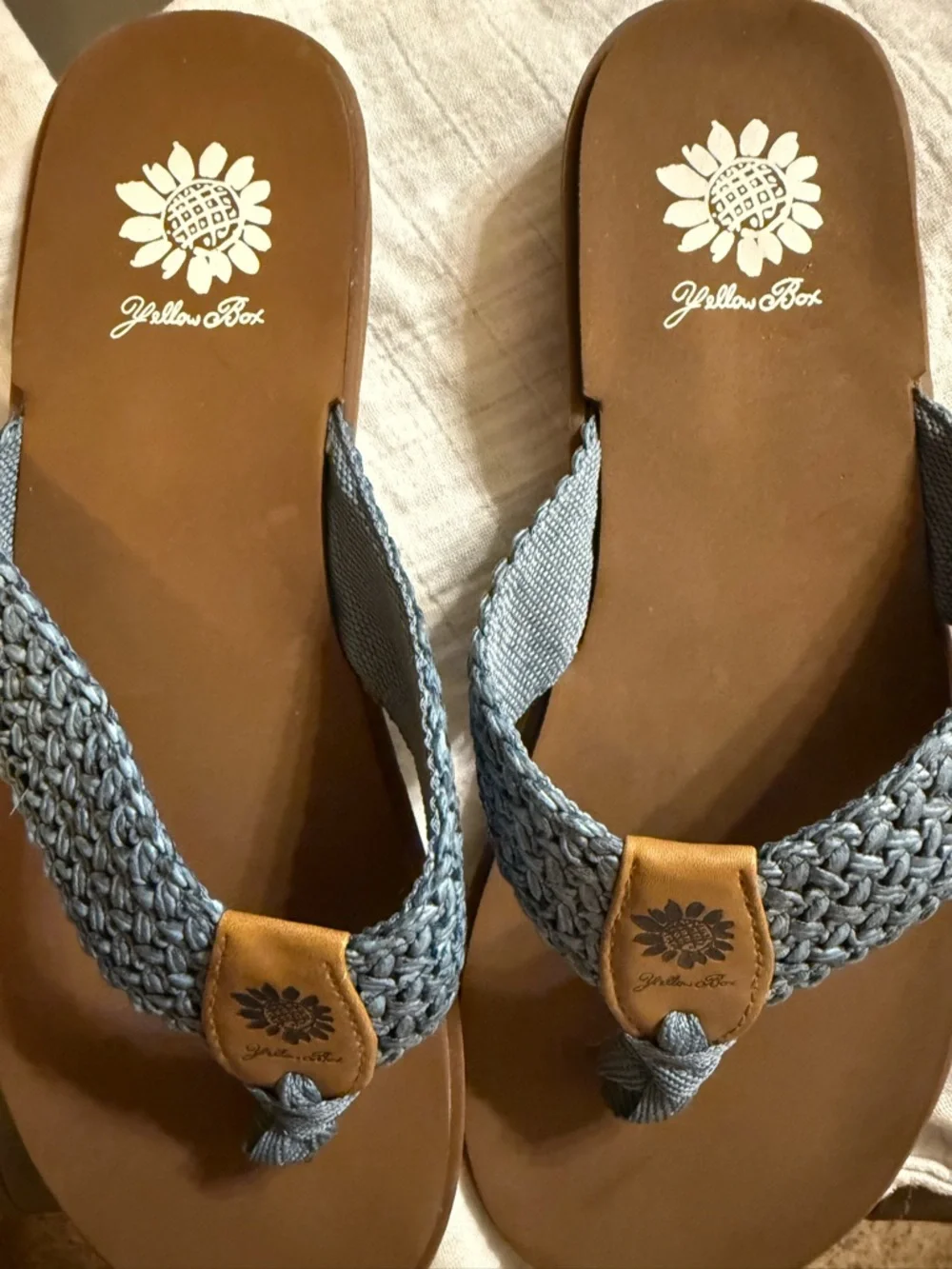 Yellow Box Women's Blue Braided Toe-Post Sandals with Brown Footbed - Picture 1 of 3